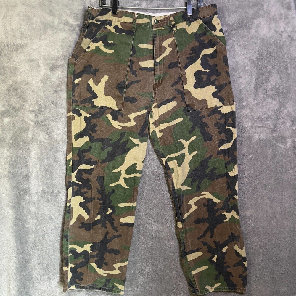 Vintage Duck Bay Pants Mens Large Cargo Woodland Camo Hunting Range Chore